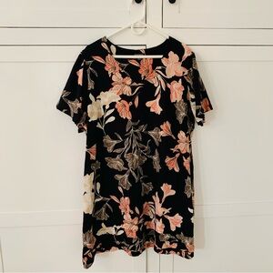 Nicole Miller Black Pink Floral Linen V Neck Dress Size XXL